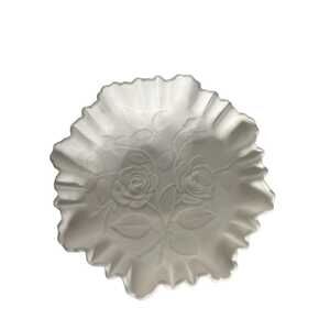 Vintage Imperial Milk Glass Bowl White Satin Roses Raised Design Crimped 9"